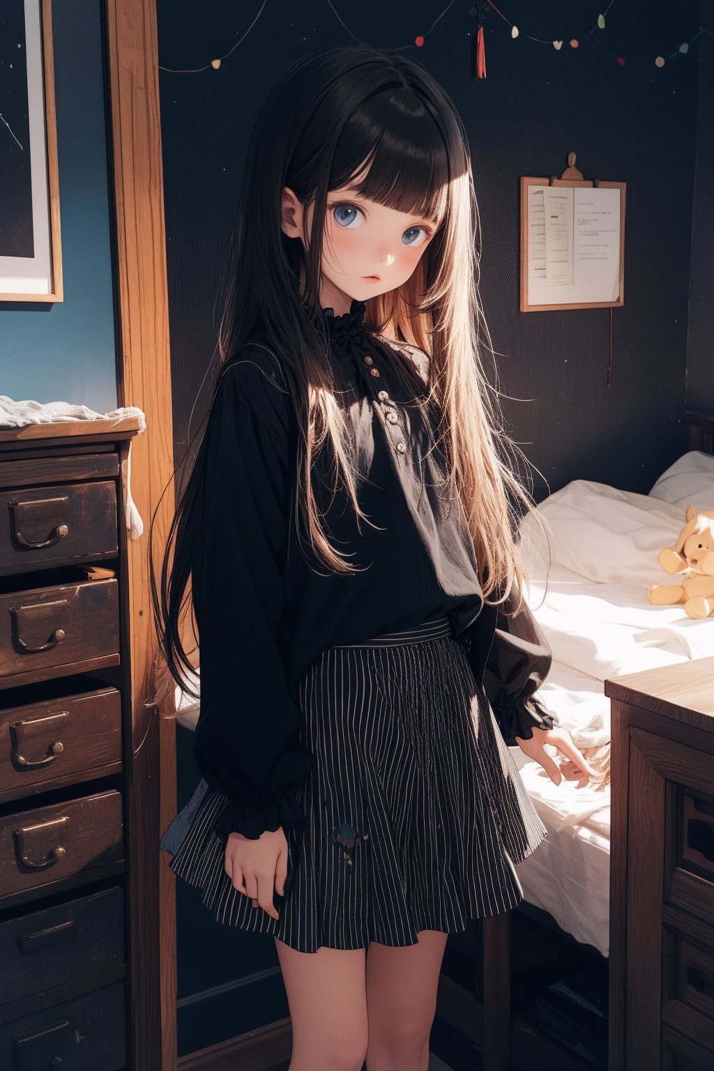 [ : black background, dark atmosphere,
messy spacious room, girl's portrait, corduroy clothes, long hair, frilled skirt,
: 3 ]