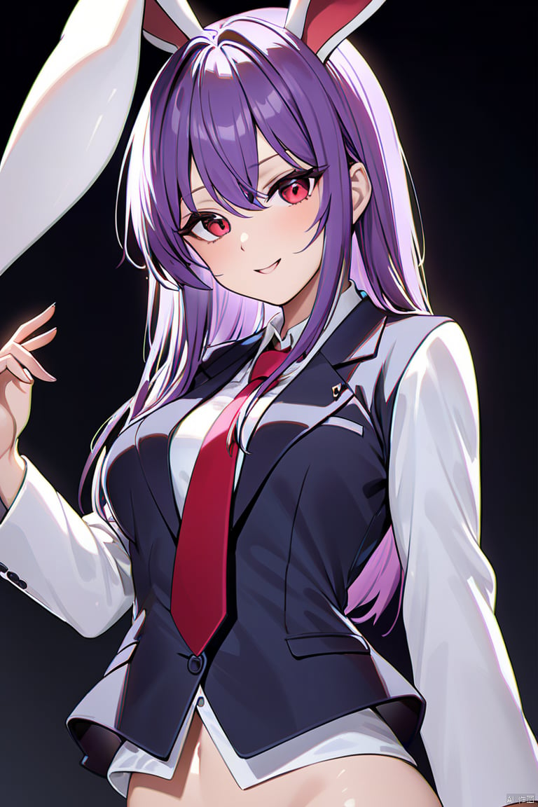 
solo,masterpiece,best quality, reisen_udongein_inaba_touhou,udongein_inaba_touhou, reisen_udongein_inaba_touhou, 1girl, red_necktie, blazer, white_shirt,long_sleeves