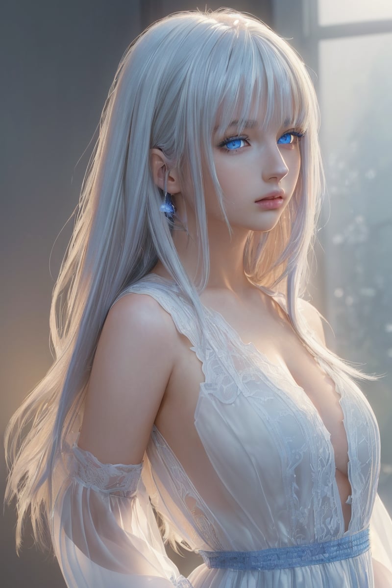 (Masterpiece, High resolution, Fine detail, High-definition CG, high contrast, HDR, official art, volumetric lighting, Backlight, glowing:1.3 ), masterpiece,best quality,4k,realistic,1girl,solo,long hair,looking at viewer,bangs,white hair,parted lips,upper body,simple background,dress,from side, (blue eyes:1.2)