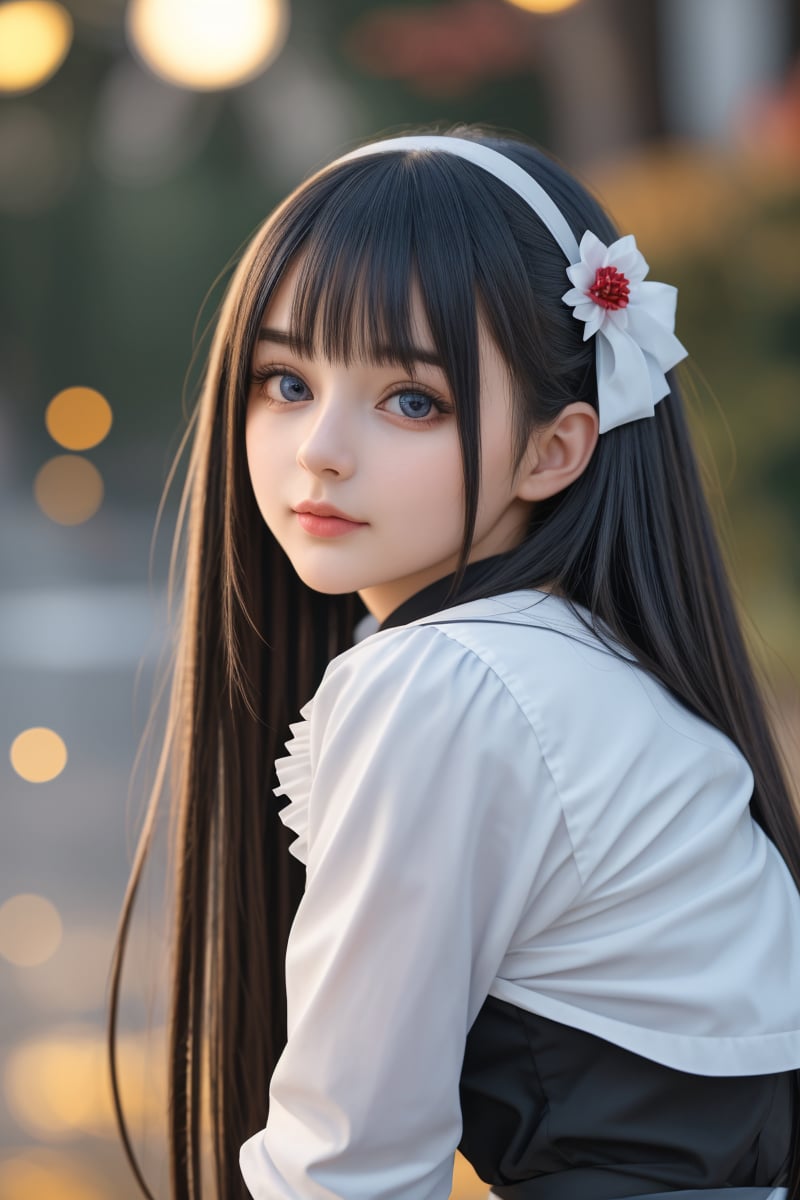 (8k, best quality, masterpiece:1.2),(best quality:1.0), (ultra highres:1.0), a beautiful girl, maid cosplay,  from head to waist, extremely luminous bright design,autumn lights, long hair,  amazing eyes, details eyes, ,<lora:659111690174031528:1.0>