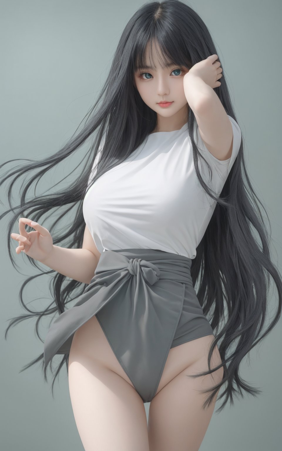 fair skin, white skin, long hair, best quality, masterpiece, high resolution, original, extremely detailed body, 1girl, aqua_background, waist, long legs, dark green background, (dark grey hair:1.3), round breasts, long_hair, big eyes, looking_at_viewer, solo, medium full shot, body curve, hand, fingers, innocent, dynamic pose,