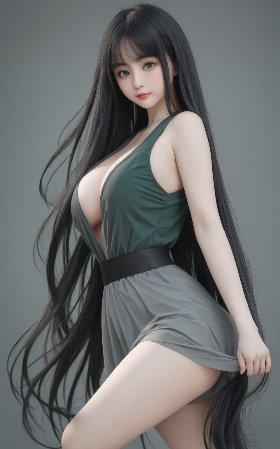 fair skin, white skin, long hair, best quality, masterpiece, high resolution, original, extremely detailed body, 1girl, aqua_background, waist, long legs, dark green background, (dark grey hair:1.3), round breasts, long_hair, big eyes, looking_at_viewer, solo, medium full shot, body curve, hand, fingers, innocent, dynamic pose,