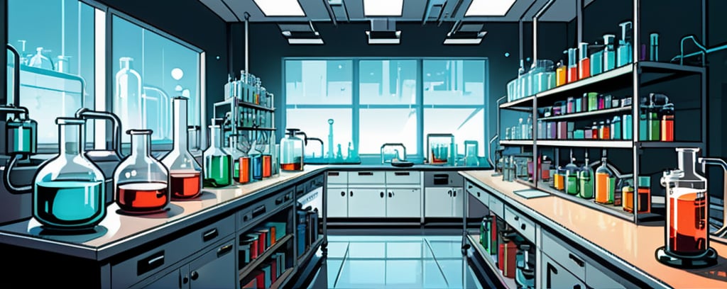 comic book art, (a clean and modern chemical laboratory, empty), Line work, highly detailed, well rendered, cartoon, flat art style, graphic illustration, caricatured