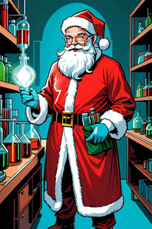 comic book art, (a scientist dressed as Santa Claus), in a laboratory, Line work, highly detailed, well rendered, cartoon, flat art style, graphic illustration, caricatured, Comic Book-Style 2d