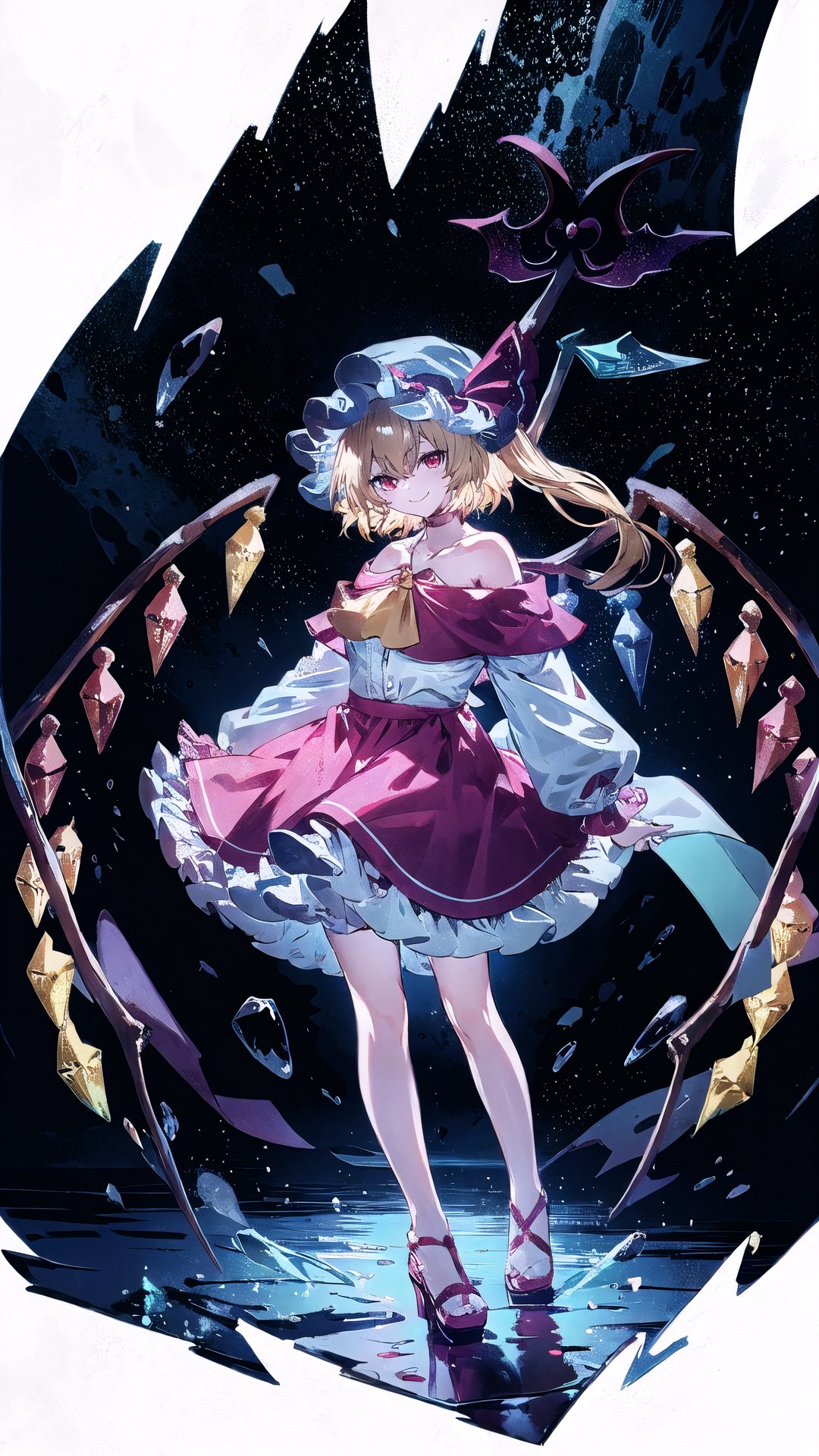 1girl, solo, flandre scarlet, crystal, off-shoulder dress, wings, blonde hair, dress, red eyes, red footwear, white background, laevatein (touhou), red dress, full body, bare shoulders, mob cap, hat, choker, looking at viewer, off shoulder, bonnet, white headwear, wrist cuffs, red choker, adapted costume, shoes, one side up, bow, frills, smile, hair between eyes, bangs, collarbone, standing, ascot, ribbon, alternate costume, red bow, long hair