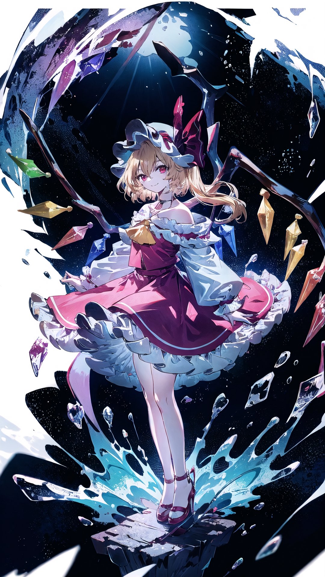 1girl, solo, flandre scarlet, crystal, off-shoulder dress, wings, blonde hair, dress, red eyes, red footwear, white background, laevatein (touhou), red dress, full body, bare shoulders, mob cap, hat, choker, looking at viewer, off shoulder, bonnet, white headwear, wrist cuffs, red choker, adapted costume, shoes, one side up, bow, frills, smile, hair between eyes, bangs, collarbone, standing, ascot, ribbon, alternate costume, red bow, long hair