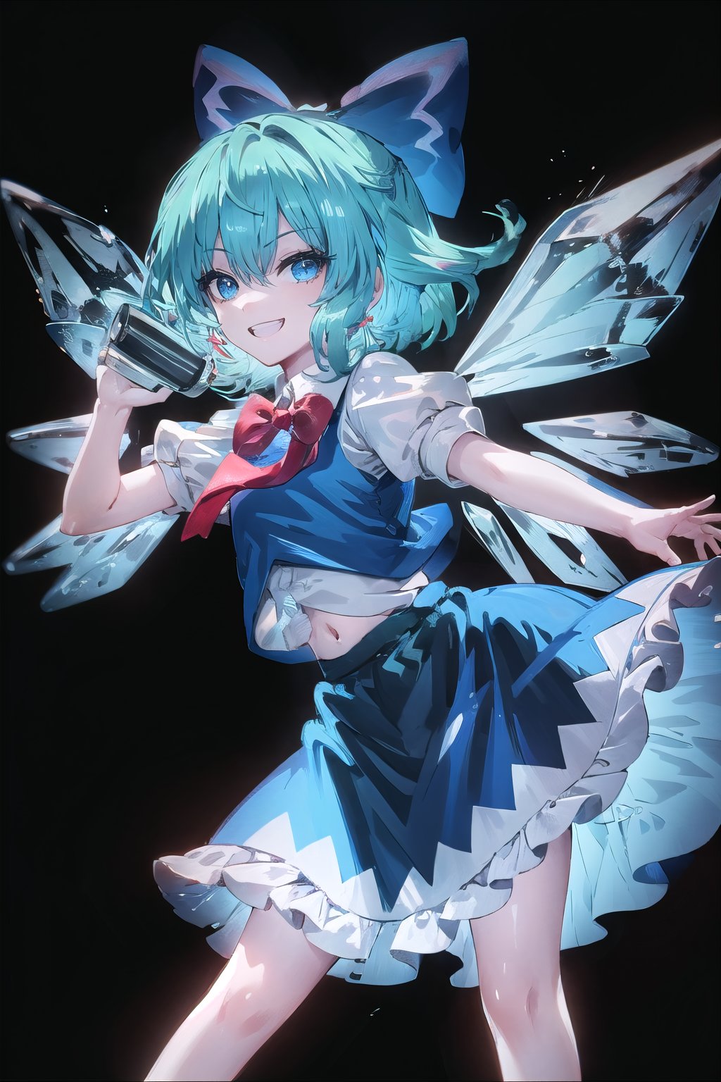  1girl, cirno, solo, looking_at_viewer, smile, short_hair, bangs, blue_eyes, skirt, shirt, bow, navel, hair_between_eyes, underwear, blue_hair, standing, white_shirt, short_sleeves, hair_bow, wings, teeth, puffy_sleeves, bowtie, grin, vest, red_bow, puffy_short_sleeves, blue_skirt, v, blue_bow, black_background, red_bowtie, ice, bloomers, ice_wings, blue_vest