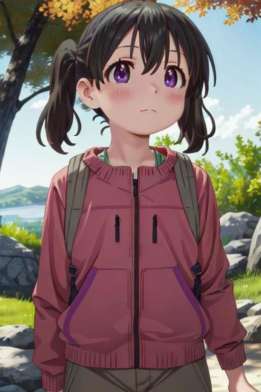 (masterpiece, best quality:1.1), intricate details, kuraue_hinata_encouragementofclimb, black_hair, blush, purple_eyes, twintails, bangs, closed_mouth, outdoors, hair_between_eyes