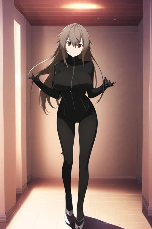 EYDIS, 1girl, solo, long hair, large breasts, brown hair, red eyes, hair between eyes, black latex suit, looking at viewer, standing, indoor, basement, full_body, (extremely detailed CG unity 8k wallpaper), (ultra-detailed), (best illustration),(best shadow), (an extremely delicate and beautiful), finely detail, (shine),, <lora:EMS-5949-EMS:0.9>