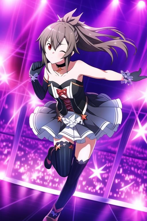 EYDIS, 1girl, solo, long hair, skirt, brown hair, red eyes, thighhighs, holding, hair between eyes, collarbone, ponytail, hair bow, heart, choker, black gloves, elbow gloves, striped, star (symbol), zettai ryouiki, strapless, floating hair, strapless dress, striped thighhighs, idol, stage, glowstick, blowing kiss, audience, looking at viewer, one eye closed, microphone, holding microphone, full_body, (extremely detailed CG unity 8k wallpaper), (ultra-detailed), (best illustration),(best shadow), (an extremely delicate and beautiful), finely detail, (shine),, <lora:EMS-5949-EMS:0.9>