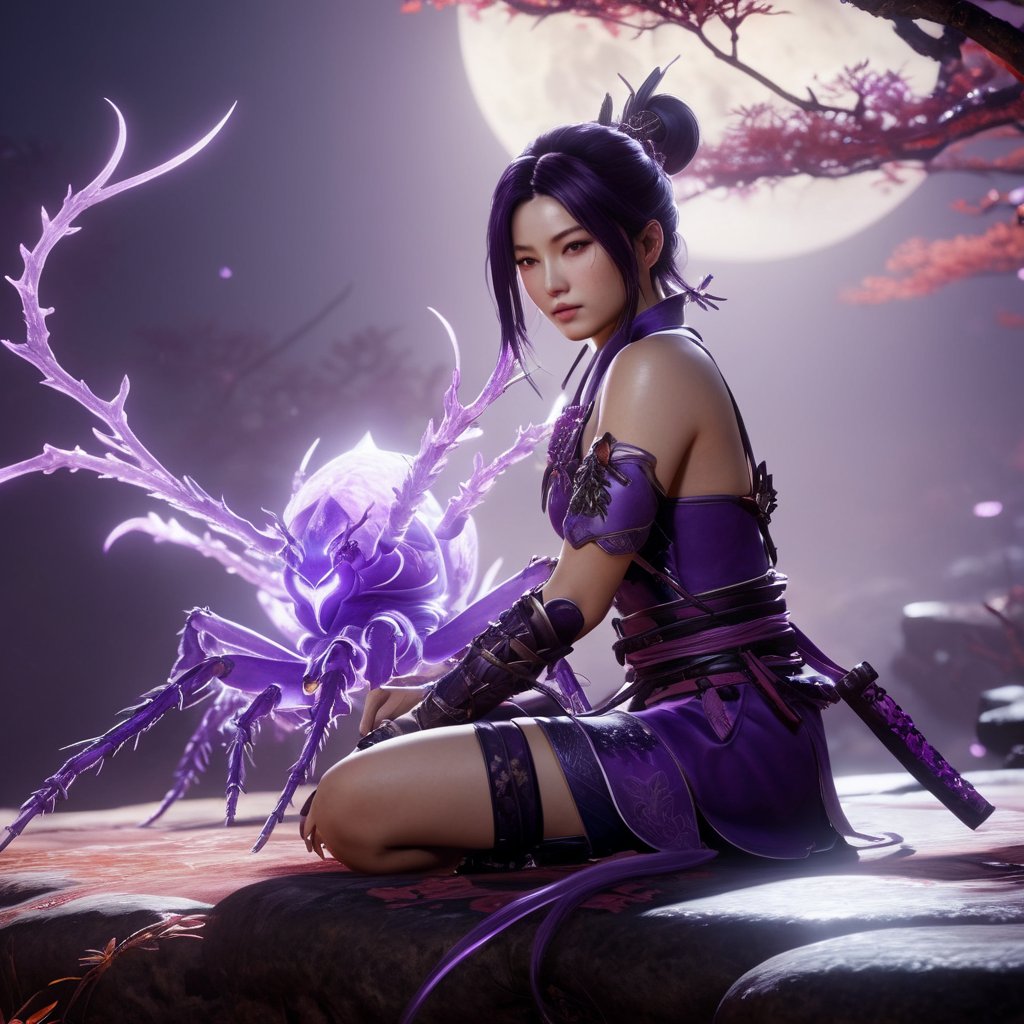 1girl, sitting next to a purple spider, niohxlguardiansprt, WILD, epic, cinematic,128k uhd, raw photo, masterpiece, awardwinning, trending on artstation, intricate details, official art, wallpaper art