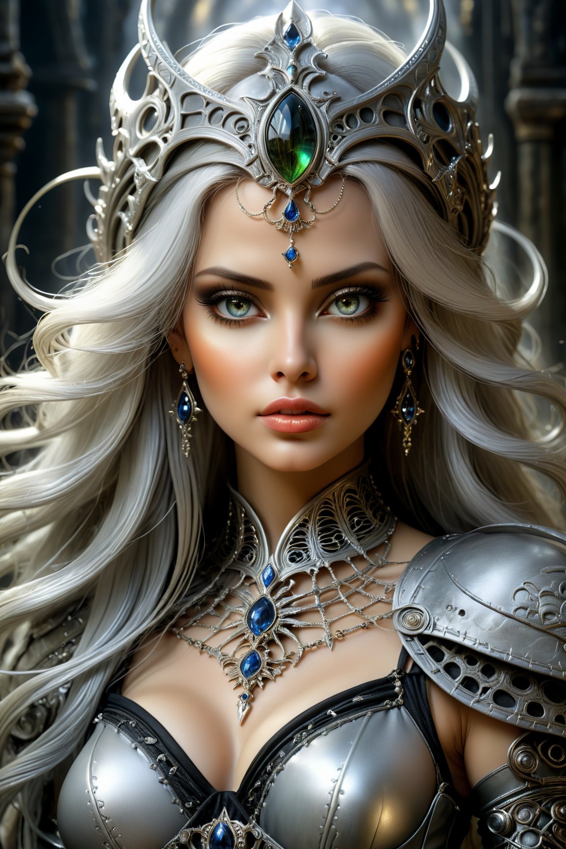 (best quality, 8K, highres, masterpiece), ultra-detailed, (Luis Royo and H.R. Giger-inspired) fantasy portrait. Imagine an ethereal queen with a regal presence, adorned in ancient attire, her skin resembling smooth white ash. Embrace athleticism and attractiveness in her demeanor. The color palette should consist of muted tones to convey powerful emotions. This close-up theme demands intricate details, vibrant brightness, and highly detailed digital art, reminiscent of Julie Bell's artistic touch. Transport the viewer into a realm where magic and sorcery intertwine with Fantasy, Science Fiction, and Mythological elements, resulting in a breathtaking masterpiece. Ensure the final image boasts good quality, sharp focus, and impressive graphics.