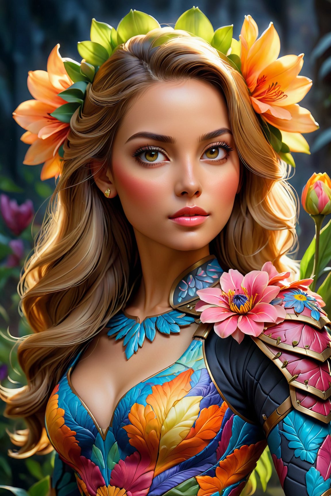 (best quality, realistic, high-resolution), colorful portrait of a woman with flawless anatomy. She is wearing a stunning flower dress that compliments her vibrant personality. Her skin is extremely detailed and realistic, with a natural and lifelike texture. The background is dark, which creates a striking contrast to the colorful flowers adorning her armor. The flowers on her armor represent her strength and beauty. The lighting accentuates the contours of her face, adding depth and dimension to the portrait. The overall composition is masterfully done, showcasing the intricate details and achieving a high level of realism, Realistic