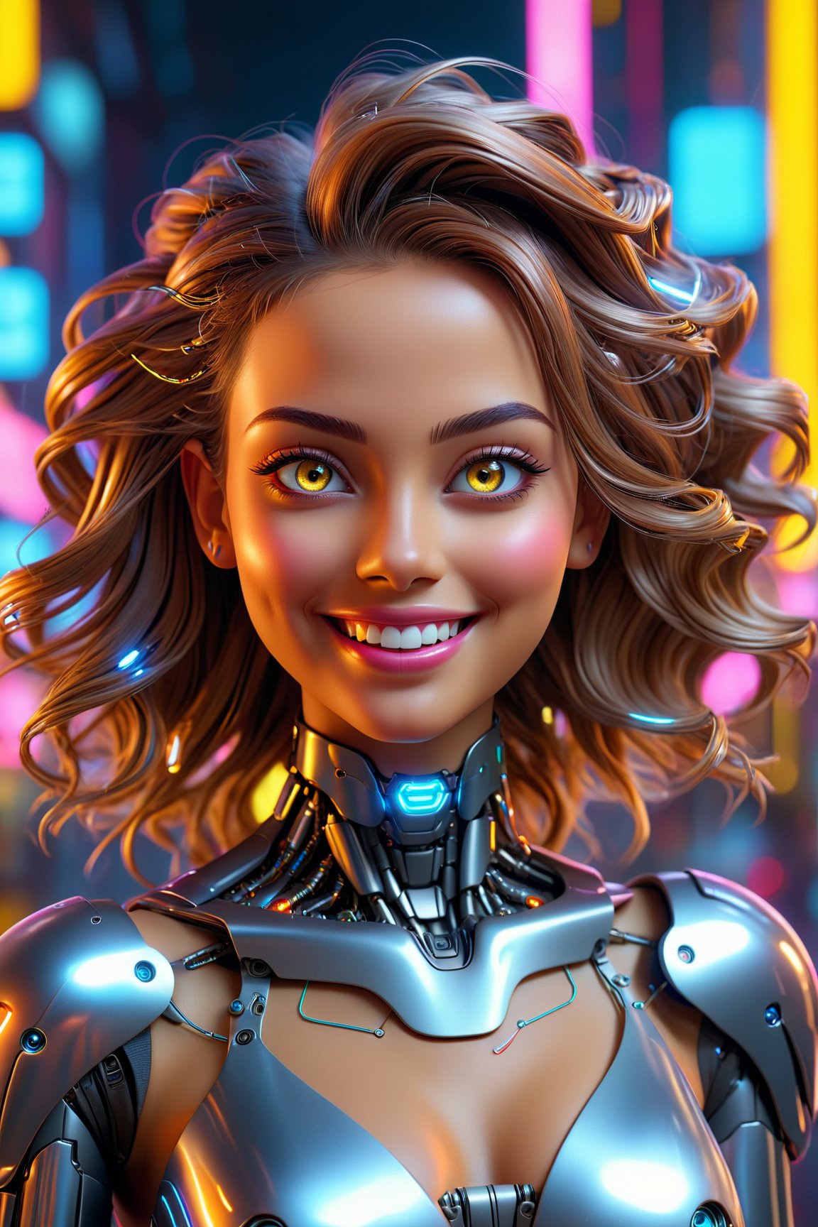 (best quality, 4k, 8k, highres, masterpiece:1.2), ultra-detailed, (realistic, photorealistic, photo-realistic:1.37), woman, beautiful, cute smile, fancy, cyborg, robot, portrait, metallic skin, glowing eyes, flowing hair, sleek design, futuristic fashion, vibrant colors, neon lights, surrealistic background