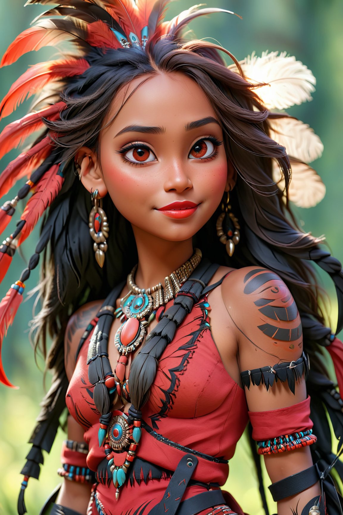 (best quality, 4k, highres, masterpiece:1.2), ultra-detailed, indigenous girl, red black harness, feathers in long dread hair, high heels boots, accessories on arm, beautiful detailed eyes, beautiful detailed lips, ethnic clothing, traditional patterns, graceful posture, subtle smile, vibrant colors, bokeh lighting, portraits