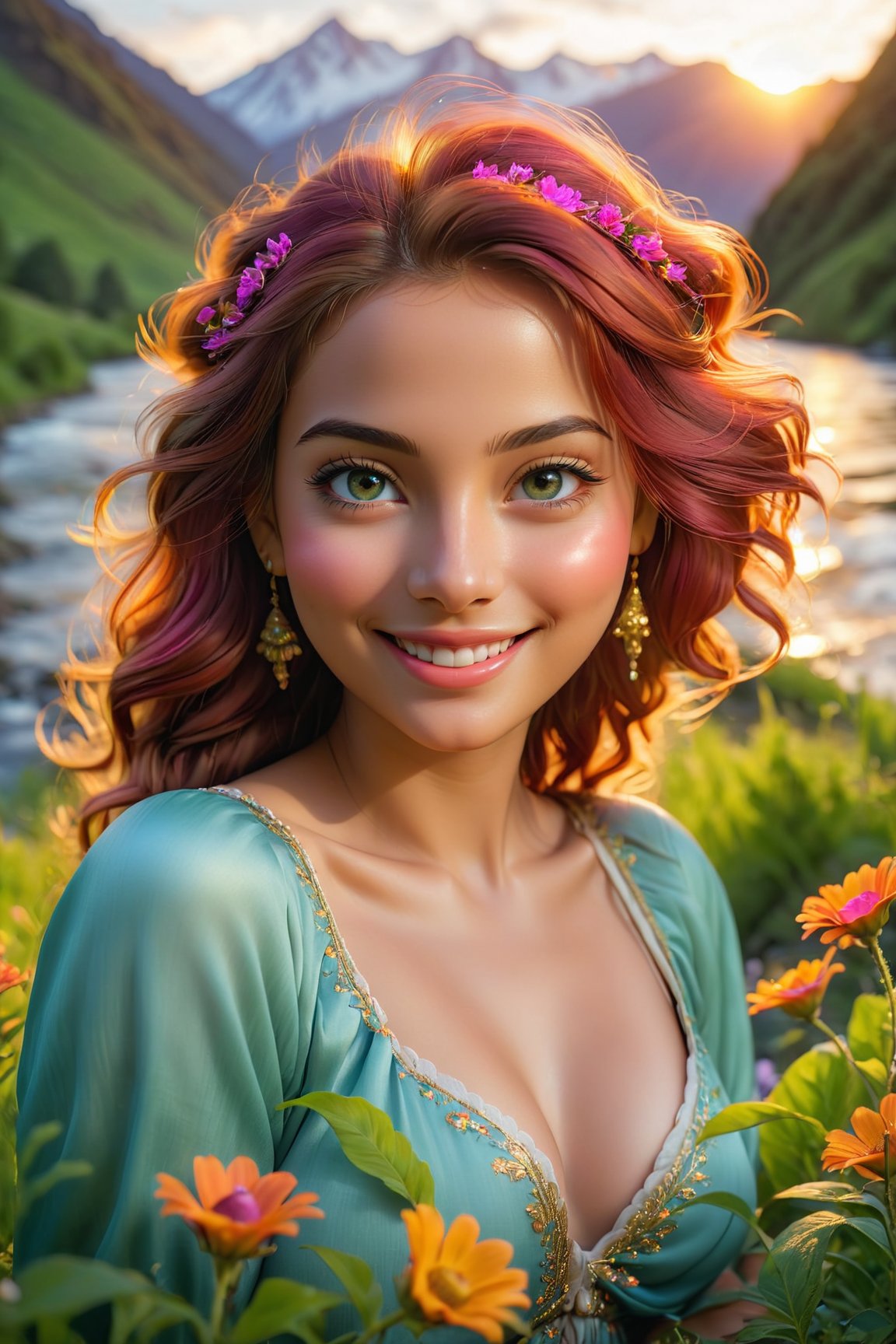 (best quality,  8k,  highres,  masterpiece:1.2),  photorealistic,  ultra-detailed,  vibrant photography of a woman in nature,  cute smile,  dramatic lighting,  finely detailed beautiful eyes,  fine detailed skin,  Natural scenery,  majestic landscape,  colorful flowers,  distant mountains,  flowing rivers,  melting sunset,  serene atmosphere,  dazzling sunlight,  blissful vibes,  freckled face,  luscious greenery,  soft breeze,  ethereal beauty