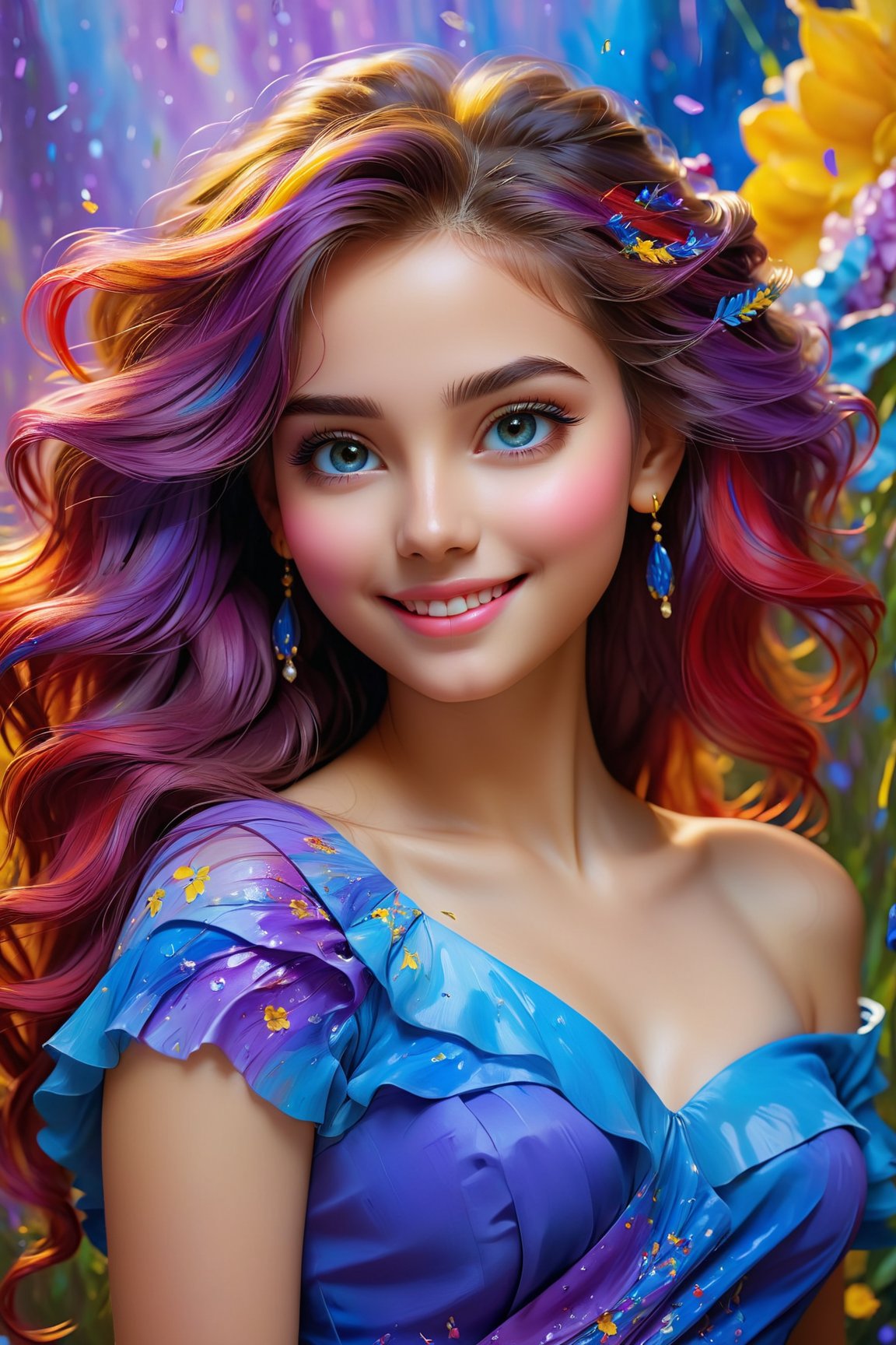 An enchanting 8K oil painting masterpiece, (A vibrant and youthful woman, 18 years old, her hair artfully tousled:1.3), Exquisitely portraying her perfect face with soft, cute smile, flawless skin, adorned with a delightful blend of blue, yellow, light purple, and violet hues, accentuated with hints of light red, (An intricate celebration of beauty:1.3), Every detail meticulously crafted in a mesmerizing display of colors, resembling a stunning splash screen, (An 8K resolution masterpiece that captivates the eye:1.3), A cute face brought to life in the realm of art, destined to grace ArtStation's digital painting hall of fame, (A smooth and artistic portrayal that defies convention:1.3)