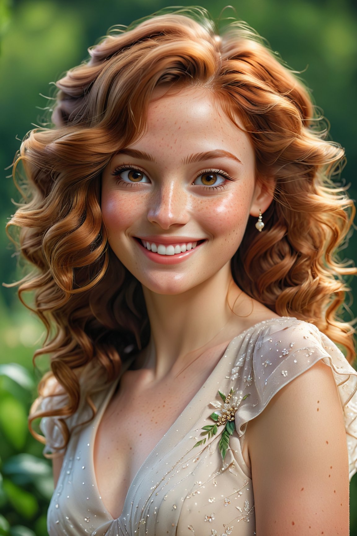 (best quality, 4k, 8k, highres, masterpiece:1.2), ultra-detailed, (realistic, photorealistic, photo-realistic:1.37), beautiful smile, smiling face, detailed eyes, detailed lips, delicate nose, freckles, soft skin, brown wavy hair, elegant posture, feminine charm, graceful dress, fine details, gorgeous background, vibrant colors, subtle lighting, portraits