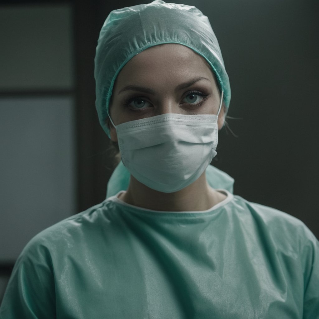 Dark Fantasy Art of cinematic film still of  Epic Creative Scene a 1970'swoman wearing a surgical mask and green scrub suit Cinematic Hollywood Film Style, dark, moody, dark fantasy style