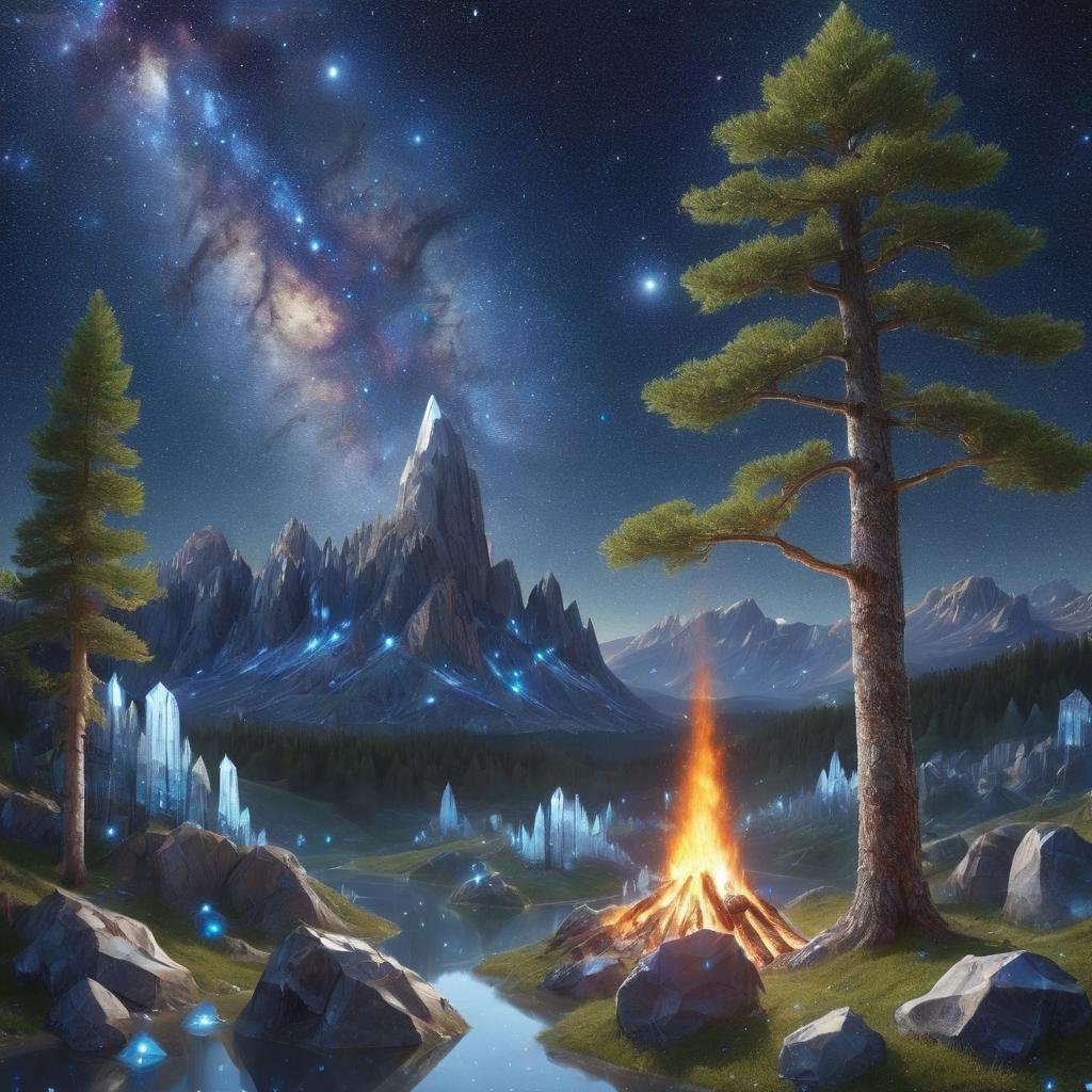 woodland, mountain larch,milky way,rock formation,sidewalk BREAK <lora:bgst:1>bgst cosmic codex and star maps repository, timber, starlight,bonfires, uplighting