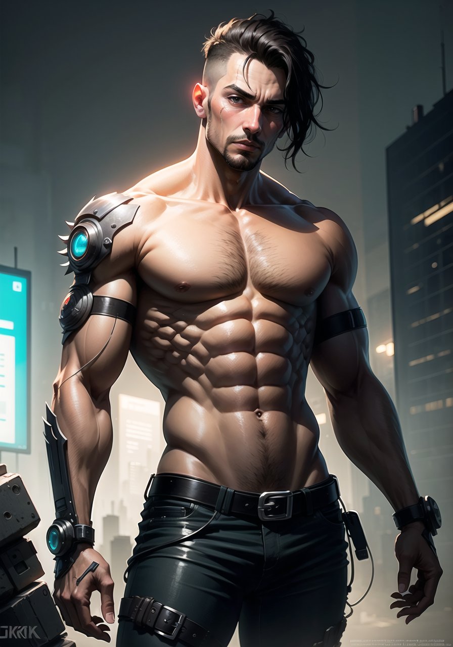 (masterpiece),(best quality:1.1),man,male focus,handsome,black short hair,movie 4k,muscular,(cyberpunk:1.2),rubble_ruins,mechanical technology,neon lights,