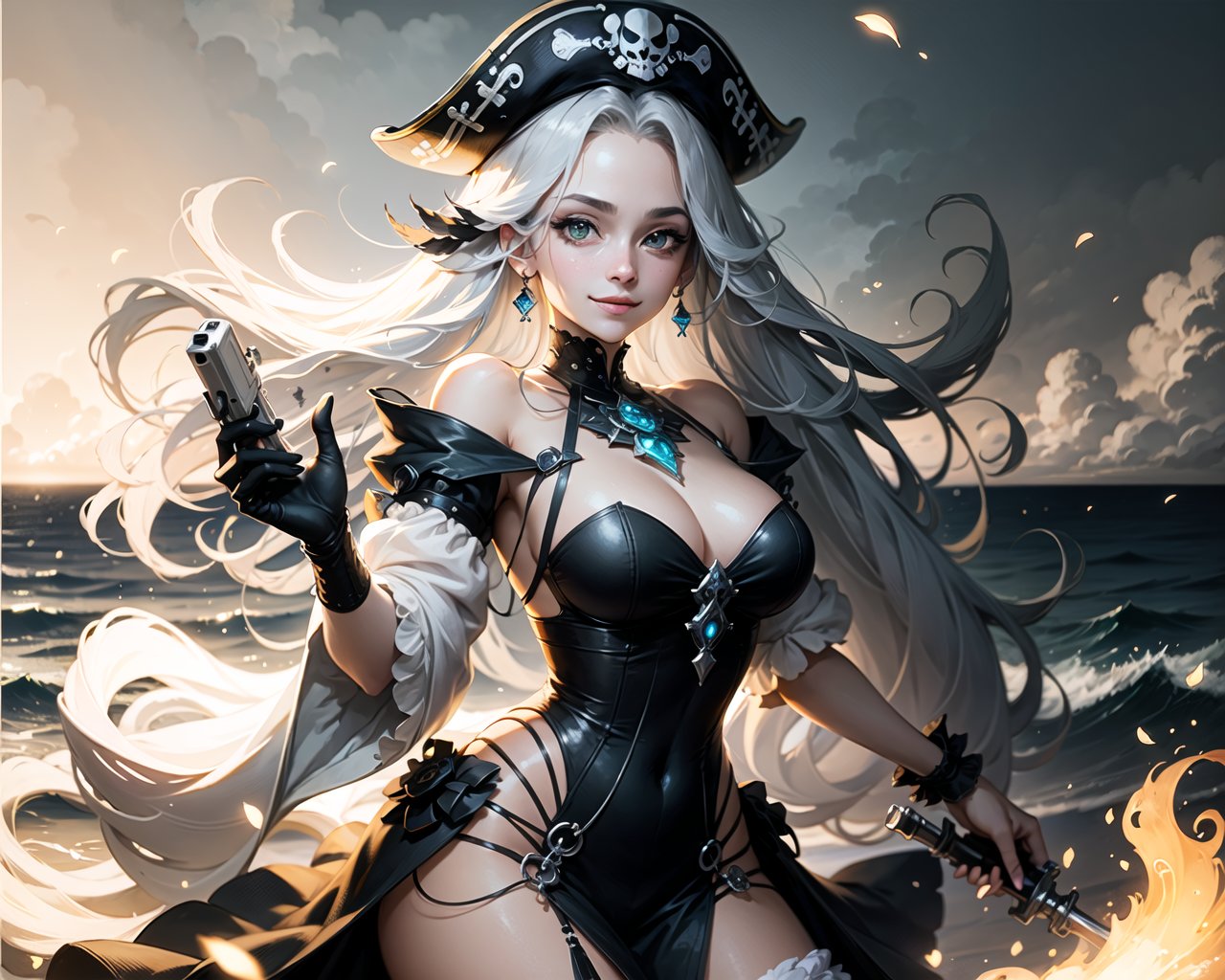 masterpiece,best quality),(detail face,perfect face),(cowboy_shot:1.3),lol style,game cg,Dynamic angle,1girl,pirate,silver hair,posing,smile,very_long_hair,),hair_spread_out,pink light,holding sword,magic,(outdoors:1.2),(morning:1.2),(sky:1.1),(complex background:1.1),bright,worm light,glowing,illuminatio,particle effects,Balance and coordination between all things,from_below,black_green theme,glowing_eye,holding_gun,ocean,pirate,