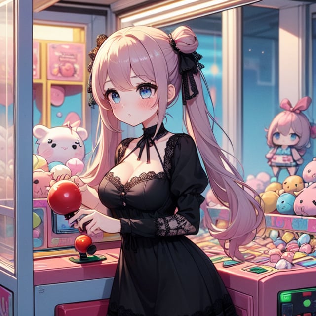 (((masterpiece))),  (((best quality))),  (((claw machine))),  claw is clamping a doll box up,  hand on bottom panel,  control joystick and press button with hand,  1girl,  cleavage,  big tits,  ribbon,  (((black gothic lace dress))),  ((pink updo twintail)),  blue eyes,  shy,  blush,  petite figure proportion,  claw machine,  beautiful,  mature,<lora:EMS-234056-EMS:0.900000>