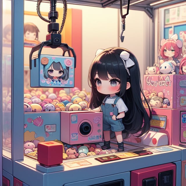 (((masterpiece))),  (((best quality))),  ((claw machine)),  ((claw is clamping a doll box up)),  hand on bottom panel,  control joystick and press button with hand,  1girl,  cleavage,  big tits,  ribbon,  beige lace overalls,  black updo longhair,  shy,  blush,  petite figure proportion,  claw machine,<lora:EMS-234056-EMS:1.000000>