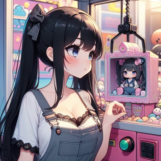 (((masterpiece))),  (((best quality))),  (((claw machine))),  claw is clamping a doll box up,  hand on bottom panel,  control joystick and press button with hand,  1girl,  cleavage,  big tits,  ribbon,  (((black gothic lace overalls))),  ((pink updo twintail)),  blue eyes,  shy,  blush,  petite figure proportion,  claw machine,  beautiful,  mature,<lora:EMS-234056-EMS:1.000000>