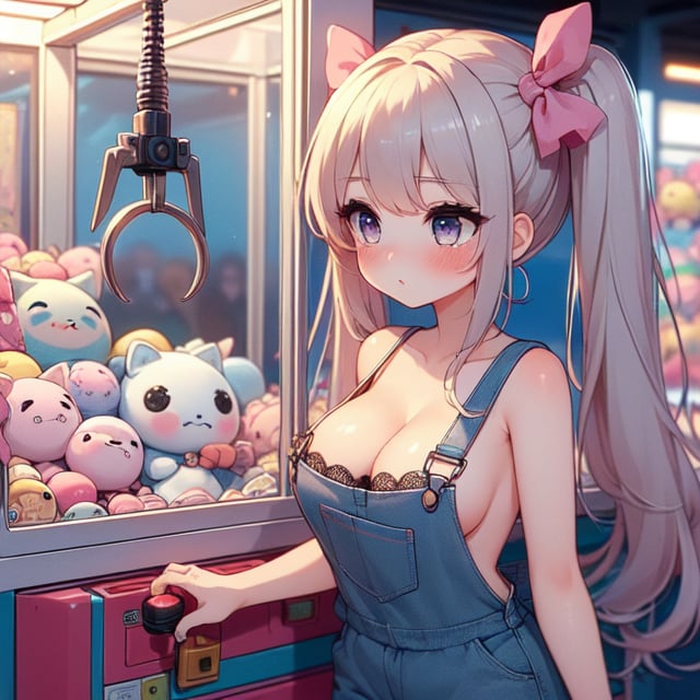 (((masterpiece))),  (((best quality))),  (((claw machine))),  (((claw is clamping a doll box up))),  bottom panel,  control joystick and press button,  1girl,  cleavage,  big tits,  ribbon,  black lace overalls,  ((pink updo twintail)),  blue eyes,  shy,  blush,  petite figure proportion,  claw machine,<lora:EMS-234056-EMS:0.900000>