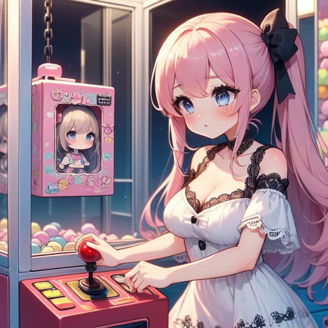 (((masterpiece))),  (((best quality))),  (((claw machine))),  claw is clamping a doll box up,  hand on bottom panel,  control joystick and press button with hand,  1girl,  cleavage,  big tits,  ribbon,  (((pink gothic lace dress))),  ((brown updo pony)),  blue eyes,  shy,  blush,  petite figure proportion,  claw machine,  beautiful,  mature,<lora:EMS-234056-EMS:0.900000>