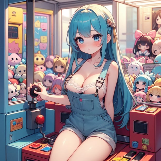 (((masterpiece))),  (((best quality))),  (((claw machine))),  (((claw is clamping a doll box up))),  hand on bottom panel,  control joystick and press button with hand,  1girl,  cleavage,  big tits,  ribbon,  ((beige lace overalls)),  cyan updo longhair,  blue eyes,  shy,  blush,  petite figure proportion,  claw machine,<lora:EMS-234056-EMS:0.900000>