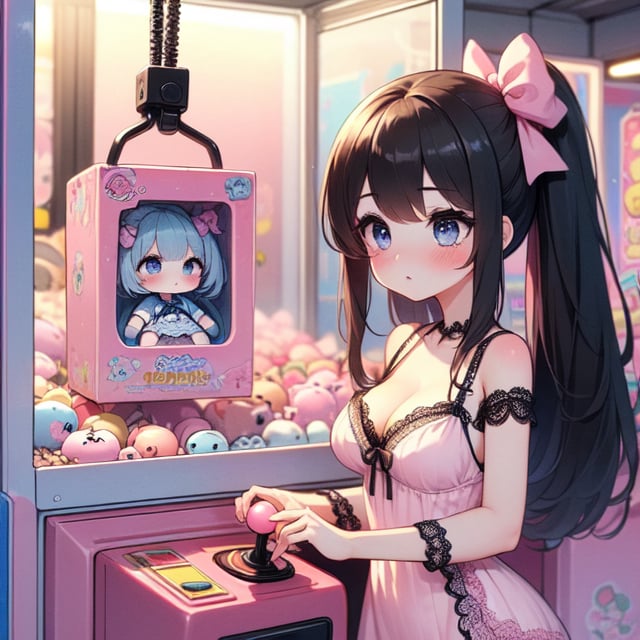 (((masterpiece))),  (((best quality))),  (((claw machine))),  claw is clamping a doll box up,  hand on bottom panel,  control joystick and press button with hand,  1girl,  cleavage,  big tits,  ribbon,  (((pink gothic pink lace dress))),  ((brown updo pony)),  blue eyes,  shy,  blush,  petite figure proportion,  claw machine,  beautiful,  mature,<lora:EMS-234056-EMS:0.900000>