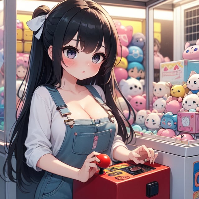 (((masterpiece))),  (((best quality))),  ((claw machine)),  ((claw is clamping a doll box up)),  hand on bottom panel,  control joystick and press button with hand,  1girl,  cleavage,  big tits,  ribbon,  gray lace overalls,  black updo longhair,  shy,  blush,  petite figure proportion,  claw machine,<lora:EMS-234056-EMS:0.800000>