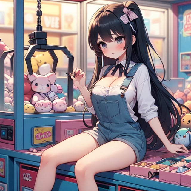 (((masterpiece))),  (((best quality))),  ((claw machine)),  ((claw is clamping a doll box up)),  hand on bottom panel,  control joystick and press button with hand,  1girl,  cleavage,  big tits,  ribbon,  gray lace overalls,  black updo longhair,  shy,  blush,  petite figure proportion,  claw machine,<lora:EMS-234056-EMS:0.800000>