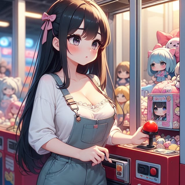 (((masterpiece))),  (((best quality))),  ((claw machine)),  ((claw is clamping a doll box up)),  hand on bottom panel,  control joystick and press button with hand,  1girl,  cleavage,  big tits,  ribbon,  beige lace overalls,  black updo longhair,  shy,  blush,  petite figure proportion,  claw machine,<lora:EMS-234056-EMS:1.000000>