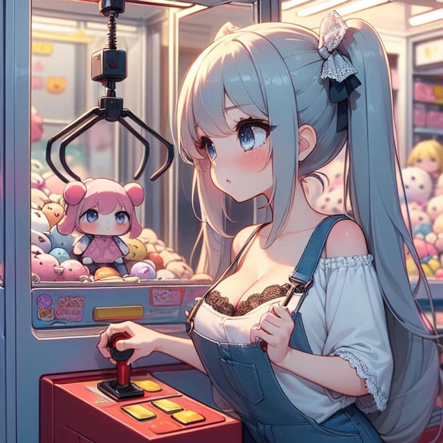 (((masterpiece))),  (((best quality))),  (((claw machine))),  (((claw is clamping a doll box up))),  bottom panel,  control joystick and press button,  1girl,  cleavage,  big tits,  ribbon,  black lace overalls,  ((pink updo twintail)),  blue eyes,  shy,  blush,  petite figure proportion,  claw machine,<lora:EMS-234056-EMS:1.000000>