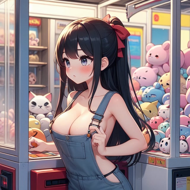 (((masterpiece))),  (((best quality))),  from front,  ((claw machine)),  claw machine,  claw is clamping a doll box up,  hand on bottom panel,  control joystick and press button with hand,  1girl,  cleavage,  big tits,  ribbon,  gray lace overalls,  updo,  shy,  blush,  petite figure proportion,  claw machine,<lora:EMS-234056-EMS:0.800000>