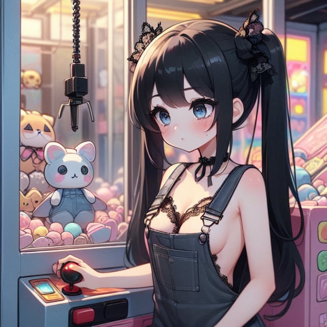 (((masterpiece))),  (((best quality))),  (((claw machine))),  claw is clamping a doll box up,  hand on bottom panel,  control joystick and press button with hand,  1girl,  cleavage,  big tits,  ribbon,  (((black gothic lace overalls:1.3))),  ((pink updo twintail)),  blue eyes,  shy,  blush,  petite figure proportion,  claw machine,  beautiful,  mature,<lora:EMS-234056-EMS:1.000000>