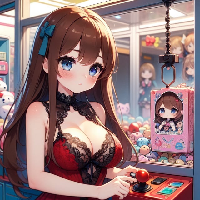 (((masterpiece))),  (((best quality))),  (((claw machine))),  claw is clamping a doll box up,  hand on bottom panel,  control joystick and press button with hand,  1girl,  cleavage,  big tits,  ribbon,  (((red gothic red lace dress))),  (((brown bunhair))),  blue eyes,  shy,  blush,  petite figure proportion,  claw machine,  beautiful,  mature,<lora:EMS-234056-EMS:0.900000>