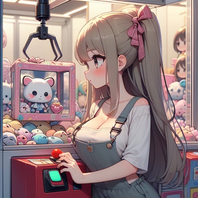 (((masterpiece))),  (((best quality))),  ((claw machine)),  ((claw is clamping a doll box up)),  hand on bottom panel,  control joystick and press button with hand,  1girl,  cleavage,  big tits,  ribbon,  ((beige lace overalls)),  black updo longhair,  shy,  blush,  petite figure proportion,  claw machine,<lora:EMS-234056-EMS:1.000000>