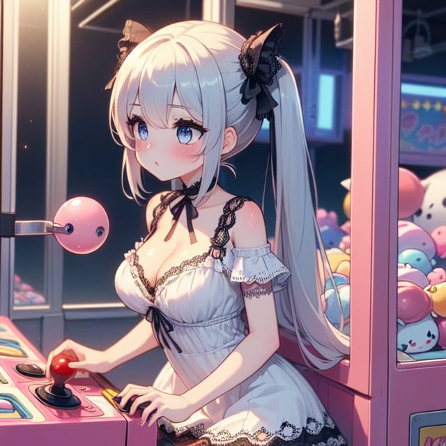 (((masterpiece))),  (((best quality))),  (((claw machine))),  claw is clamping a doll box up,  hand on bottom panel,  control joystick and press button with hand,  1girl,  cleavage,  big tits,  ribbon,  (((white gothic lace dress))),  ((pink updo twintail)),  blue eyes,  shy,  blush,  petite figure proportion,  claw machine,  beautiful,  mature,<lora:EMS-234056-EMS:0.900000>