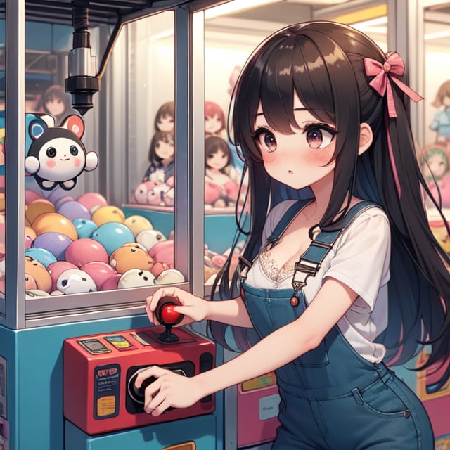 (((masterpiece))),  (((best quality))),  from front,  ((claw machine)),  hands on bottom panel,  control long joystick and press button,  using clamp to pull the toy up,  1girl,  bend over,  ribbon,  cleavage,  lace overalls,  brown updo,  shy,  blush,  petite figure proportion,  claw machine,<lora:EMS-234056-EMS:0.800000>