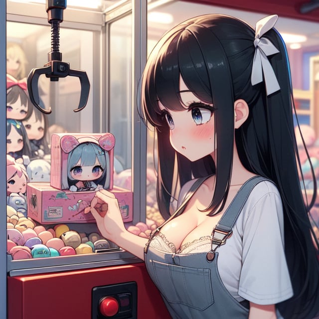 (((masterpiece))),  (((best quality))),  ((claw machine)),  ((claw is clamping a doll box up)),  hand on bottom panel,  control joystick and press button with hand,  1girl,  cleavage,  big tits,  ribbon,  gray lace overalls,  black updo longhair,  shy,  blush,  petite figure proportion,  claw machine,<lora:EMS-234056-EMS:1.000000>