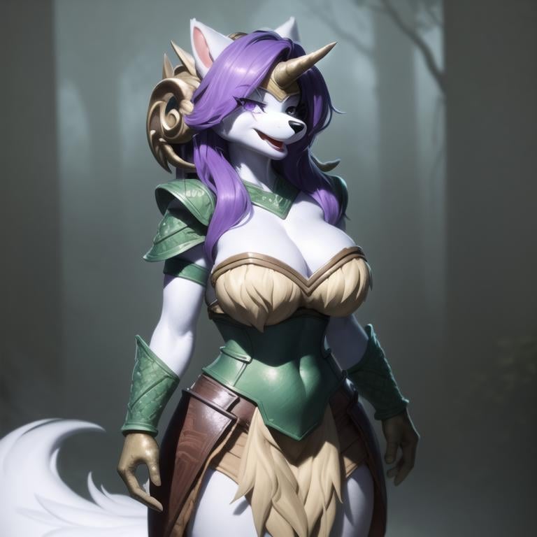 (best quality, masterpiece:1), furry female anthro sierra wolf girl, solo, standing, armor, headgear, bronze horn, hands behind back, wolf tail, large breasts, smile, open mouth, looking at viewer, smile, wide-eyed, (dark misty dream world background:1.0), purple eyes, long hair, white hands, <lora:sierra-v1:1>