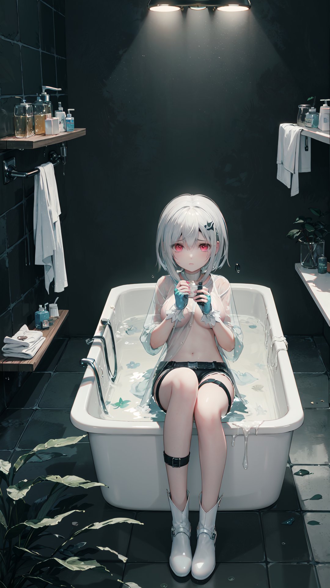 best quality,(chromatic aberration),(beautiful young female:1.4),(streaming tears),sad,(Lycoris radiata),(Lycoris radiata),(Lycoris radiata),looking at viewer,partially submerged,both hands on own cheek,{see-through long shirt},{no bra},(white hair, short hair, bangs:1.2),(glowing eyes),ripples,dark water,black background,(prismatic),bathroom,slipper bathtub,bathtub,test tube rack,mason jar,cup,toothbrush,shampoo,soap bottle,bathing,bath,bottle,shampoo bottle,bubble bath,reflective floor,reflective water,shiny clothes,transparent raincoat,wet shorts,t-shirt,tile floor,plant monster,wet jacket,moss,mirror,glass wall,manta ray,glyph,totem,depressed,black gloves,leather boots,lying on water,eyes closed,quiet (metal gear) (cosplay),white pantyhose,hand101,jellyfishforest,Postwar ruins,cozy animation scenes,slg,forest,vegetation,ruins,bare legs,thigh strap,vanishing point,glass wall,slit pupils,red pupils,praying,beam,fluorescent lamp,greenhouse,