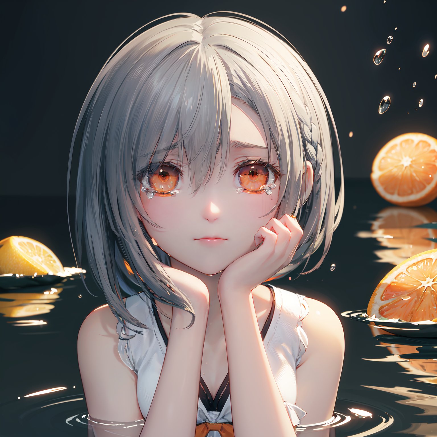 finely detail, Depth of field, (((masterpiece))), ((extremely detailed CG unity 8k wallpaper)), best quality, high resolution illustration, Amazing, intricate detail, (best illumination, best shadow, an extremely delicate and beautiful), Peeled oranges,(streaming tears), sad, orange tree,(orange), (orange), (orange), looking at viewer, both hands on own cheek, White shirt, (white hair, short hair, braid, bangs:1.2), (glowing eyes), ripples, dark water, In water,