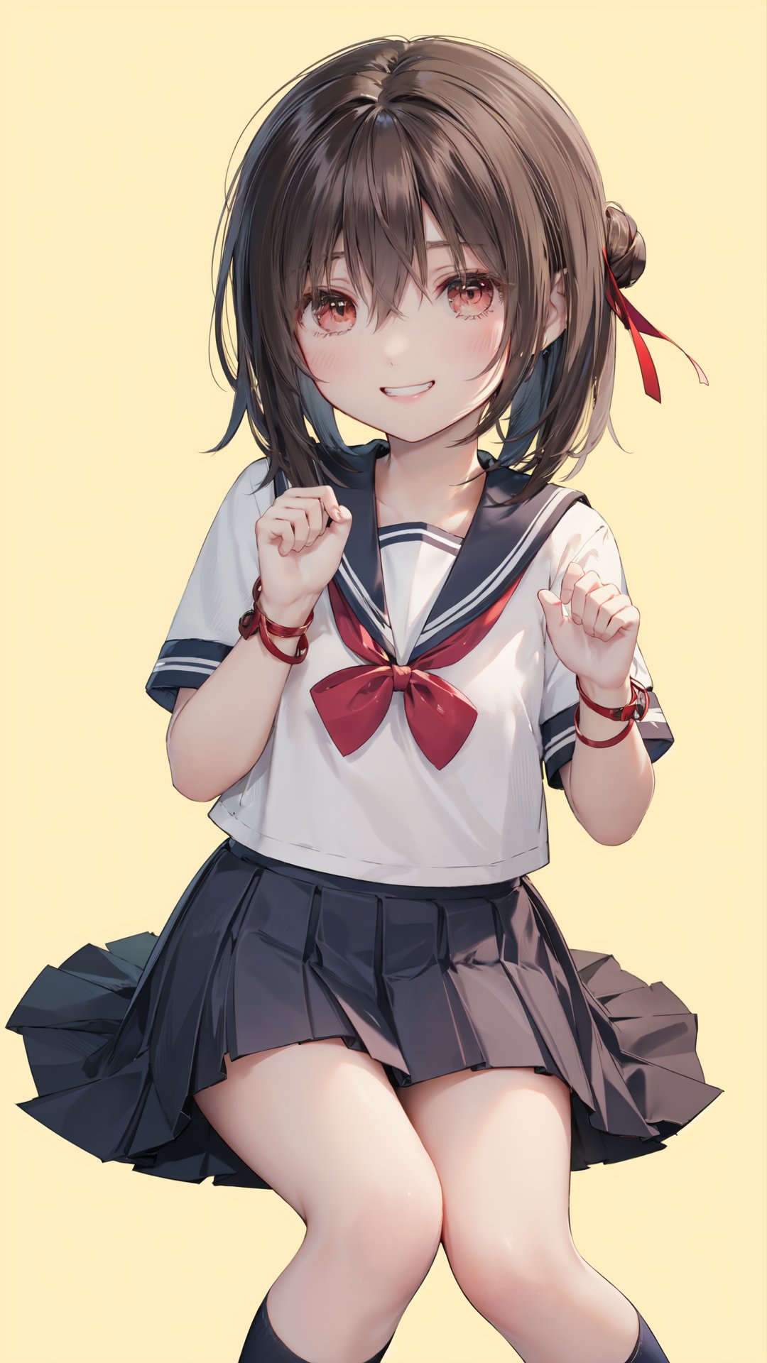 1girl, solo, brown hair, skirt, school uniform, smile, brown eyes, hair bun, single hair bun, short sleeves, red ribbon, simple background, socks, white sailor collar, shirt, ribbon, looking at viewer, pleated skirt, white socks, yellow background, white shirt, grin, serafuku, sailor collar, bangs, neck ribbon, blush, sitting, twitter username, kneehighs, black skirt, knee up, short hair, hair between eyes, hands up, blue skirt