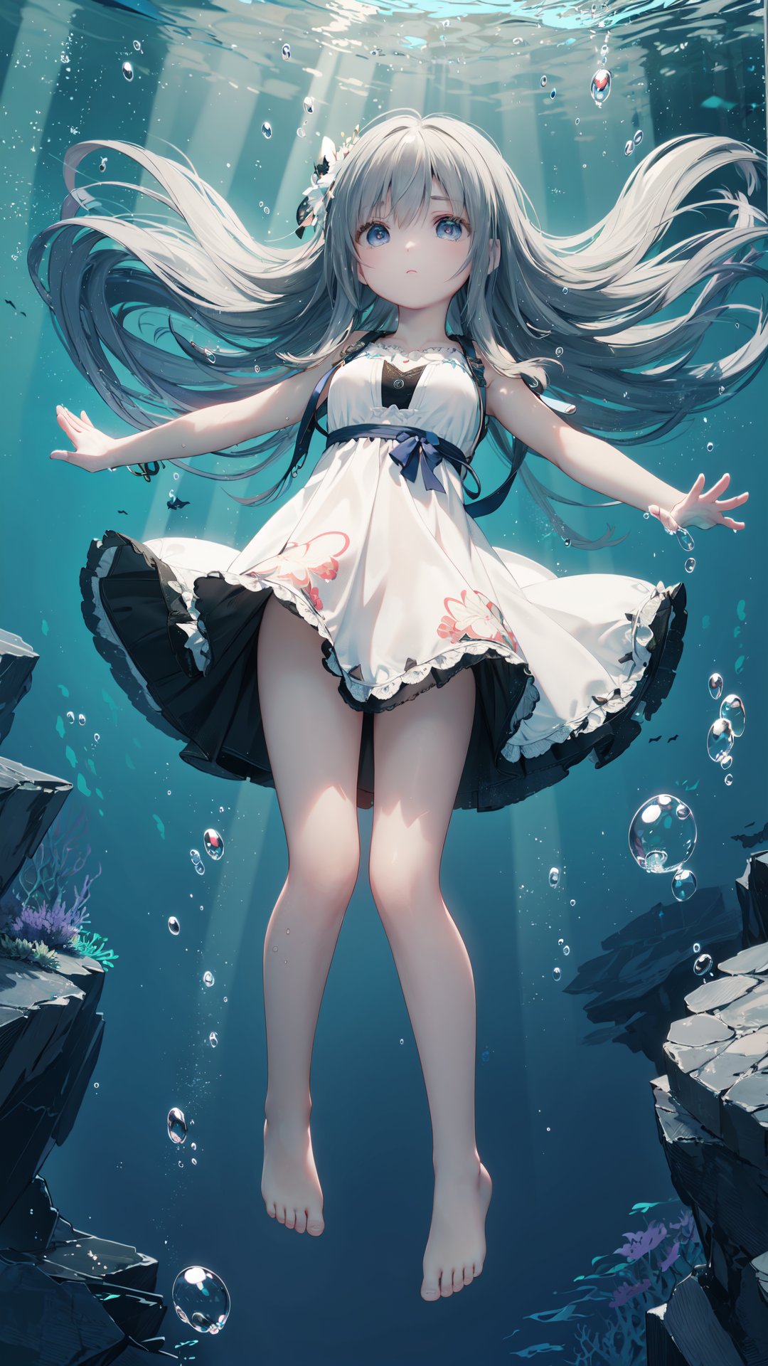 wide shot,(solo:1.3),dramatic angle,(underwater:1.2),masterpiece,best quality,intricate detail,1girl,swimming,loli,(long hair:1.2),solo,expressionless,blue eyes,looking_up,shoulder strap dress,floating hair,floating clothes,god rays,bubble,barefoot,(full body:1.2),outstretched arm,perfect hands,