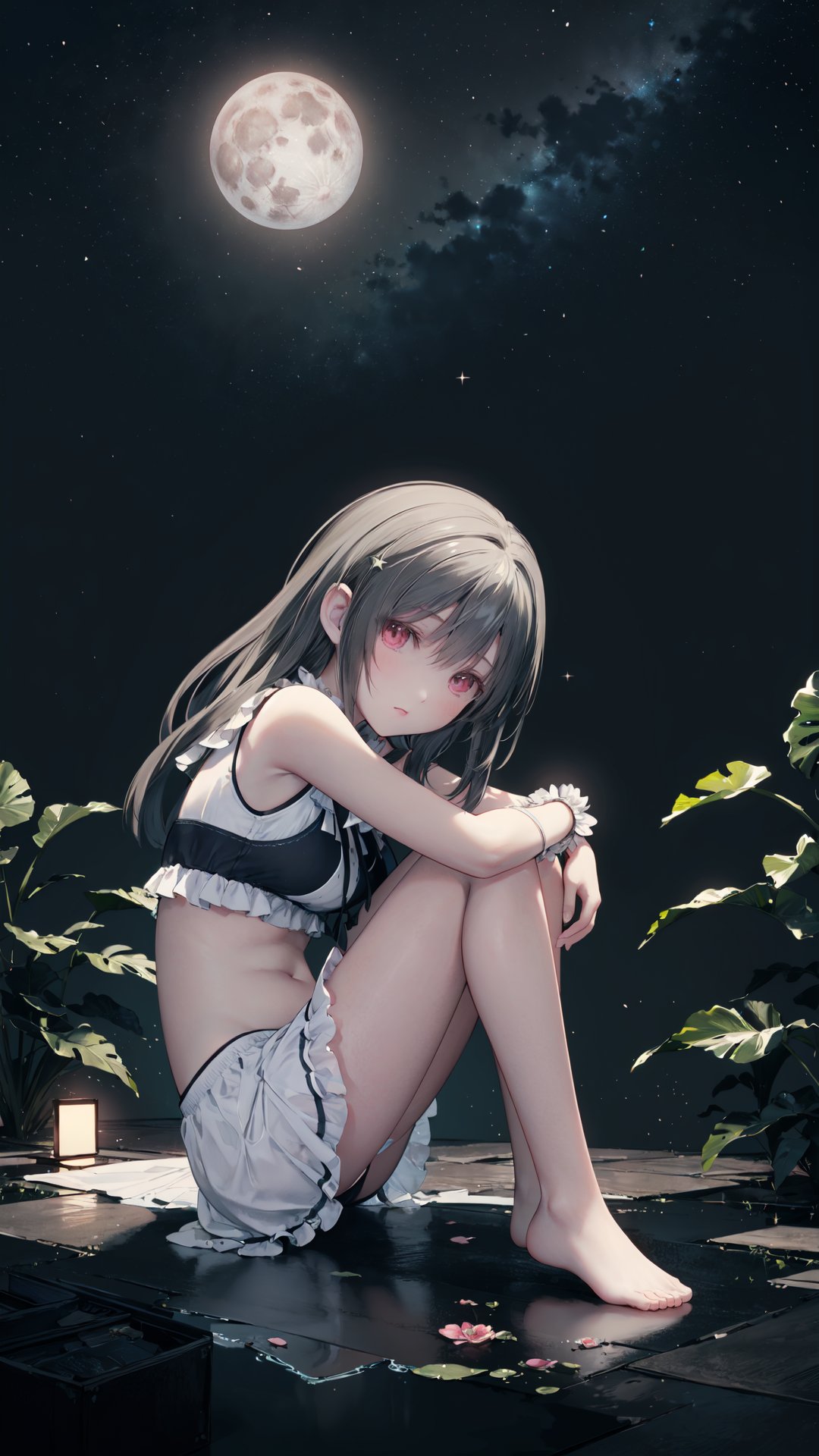 (masterpiece:1.2),(best quality:1.3),(ultra-detailed:1.2),(illustration:1.2),(Cinematic Lighting),star,moon,((1girl)),loli,full body,sitting,fetal position,bubble,fantastic,plant,girl in star,